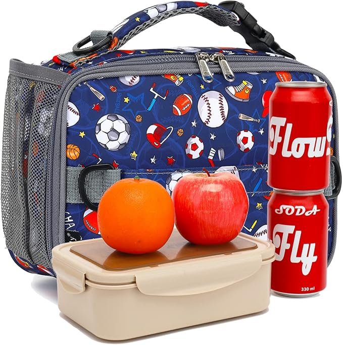 FlowFly Kids Lunch Bag, Durable Insulated School Lunch Box with Shoulder Strap and Bottle Holder, Water-resistant Thermal Small Lunch Cooler Tote for Teen Boys & Girls,Rugby