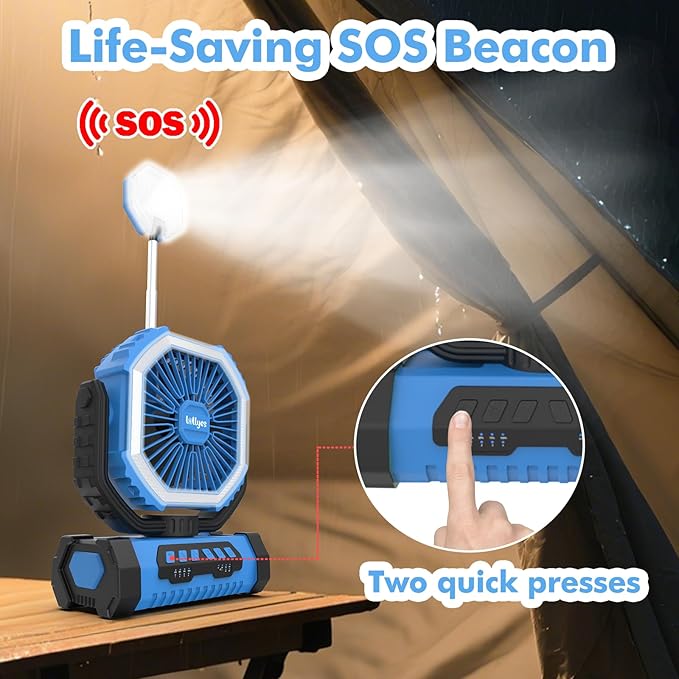 Portable Camping Fan with Led Lantern, 20000mah Rechargeable Battery Outdoor Fan,4 Speed with Remote, Auto Oscillation, 360° Rotation Hook, for Camping, Power Outage,Hurricane, Home (Blue)