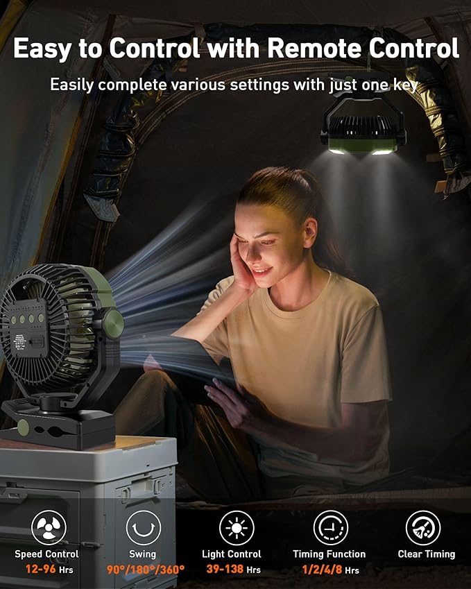 DUKUSEEK 20000mAh Clip On Fan with LED Light, 9-inch 60Hrs Portable Camping Fan with Sturdy Clamp, 360Β° Oscillating Personal Desk Fan for Office, Worksite, Golf - Regargeable Battery Powered USB Fans