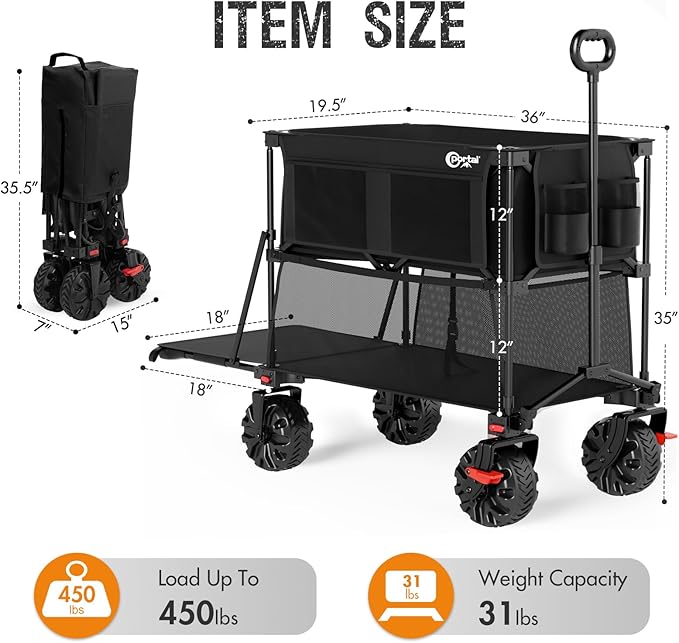 PORTAL 400L Large Capacity Collapsible Double Decker Wagon with Brakes, 450LB Heavy Duty Folding Cart with Tailgate, Foldable Utility Wagons for Camping, Beach, Garden, Sports, Shopping