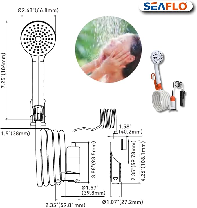 SEAFLO Portable Camping/Outdoor Shower, Rechargeable Battery, 2.64 Gallons Per Min, 40-Minute Runtime Outdoor Camping Pet Washing, Type-C Charging, 80" Hose (with or Without 2.6 Gallon Bucket)