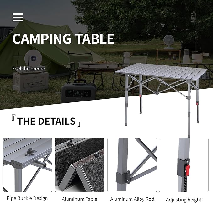 Portable Camping Table with Adjustable Height Legs, Lightweight Aluminum Roll-up beach tables for sand foldable,Folding Picnic Table Large Storage Basket for Outdoor camping (Black, Medium 37")
