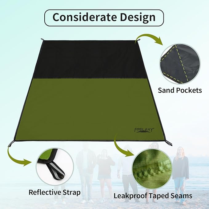 Frelaxy Pocket Picnic Blanket, Waterproof Beach Blanket, Compact Camping Blanket, Lightweight Outdoor Blanket for Beach Festival Camp Picnic Hiking Travel, 35'' x 57'', Army Green