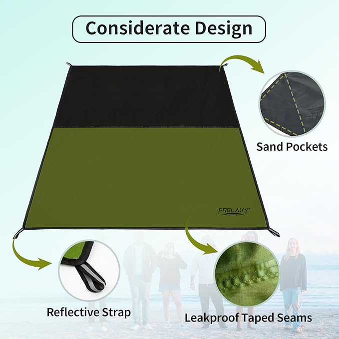Frelaxy Pocket Picnic Blanket, Waterproof Beach Blanket, Compact Camping Blanket, Lightweight Outdoor Blanket for Beach Festival Camp Picnic Hiking Travel (Army Green, 28'' x 47'')
