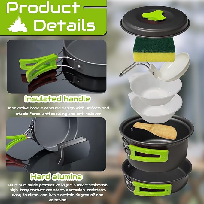 7Pcs Camping Pan Set - Backpack Cookware Pot and Pans Set, Survival Cooking Kit for Hiking, Picnic