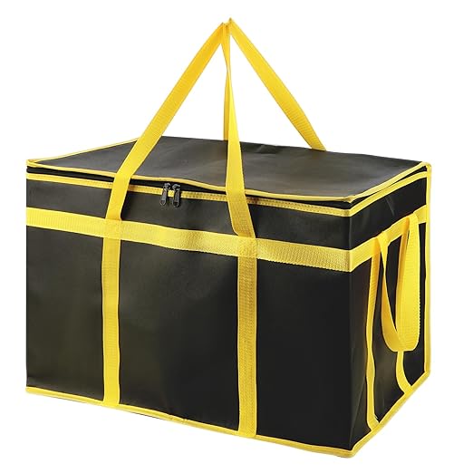 Bodaon Insulated Food Delivery Bag, XXXL Pizza Delivery Bags for Hot and Cold Food, Commercial, Large Capacity Reusable Warming Bag, Catering Cooler Bag for Doordash (Black-Yellow Edge, 1Pk)
