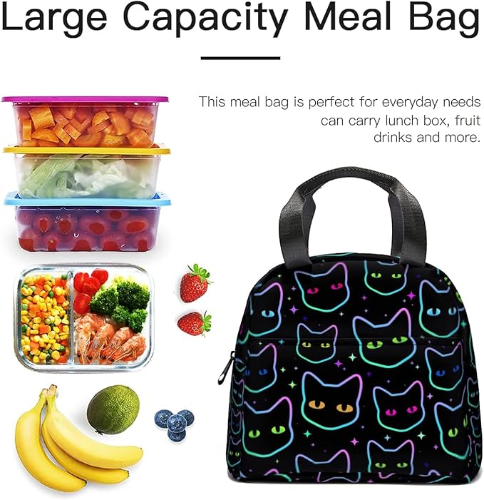 Giwawa Cartoon Black Cats Insulated Lunch Bag for Kids Galaxy Neon Kitten Reusable Lunch Box Colorful Animal Print Thermal Cooler Lunch Tote for Girls Boys School Men Women Office Picnic Camping