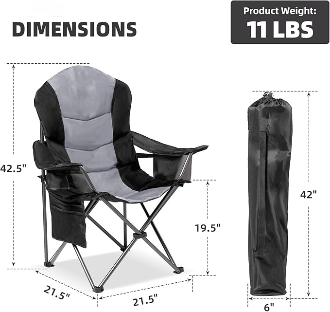 2 Pack Folding Camping Chairs for Adults - High Back Padded Outdoor Lawn Chairs with Lumbar Support & Cup Holder, 400lbs Heavy Duty Portable Camping Chairs Set (Black & Light Gray)