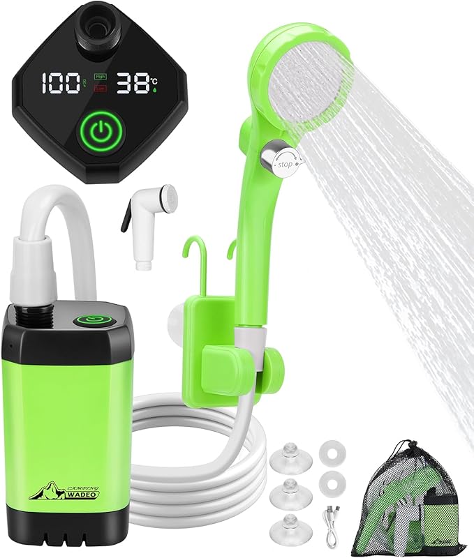 WADEO Portable Shower for Camping, Outdoor Electric Shower Rechargeable Pump with Intelligent Digital Display, Camping Shower Head Nozzle for Camping, Hiking, Traveling, Washing