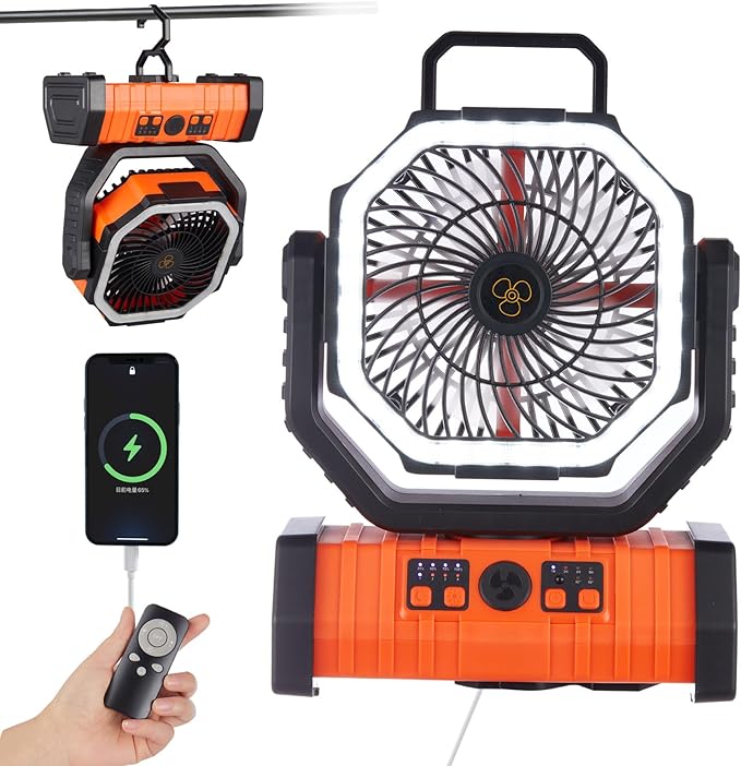 Rechargeable Fan,Operated Camping Battery Powered Fan with Hook&Bright LED Light,Remote Control Timer Auto Oscillation Cordless Outdoor for Power Outage,Picnic,Barbecue,Fishing,Travel,Jobsite,Home