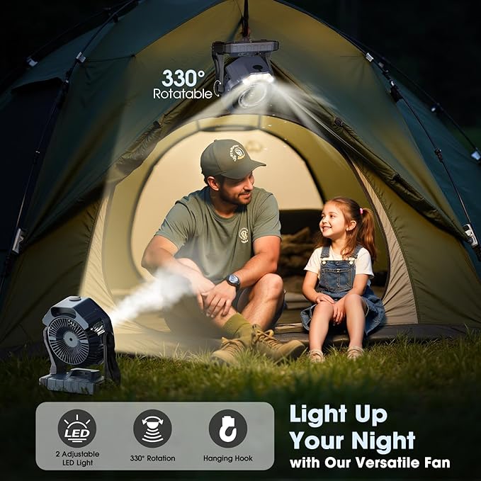 Ausic Portable Misting Fans for Outside, Outdoor Cooling Fan for Patios, 8 Inch Battery Operated Rechargeable Fans, Water Spray Fan with Light & Hook for Beach Camping Essential