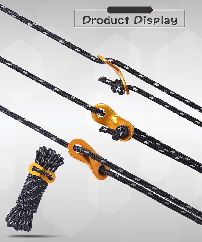 Hikeman 6 Pack 4mm Outdoor Guy Lines Tent Cords Lightweight Camping Rope with Aluminum Guylines Adjuster Tensioner Pouch for Tent Tarp, Canopy Shelter, Camping, Hiking, Backpacking