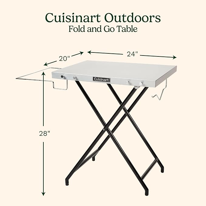 Cuisinart Fold ‘n Go Prep Table, Portable Folding Table and Grill Stand with Tool hooks, Trash Bag Holder, Paper Towel Rack, 24” x 20” Steel Food Prep Station Perfect for BBQs, Tailgates and Camping