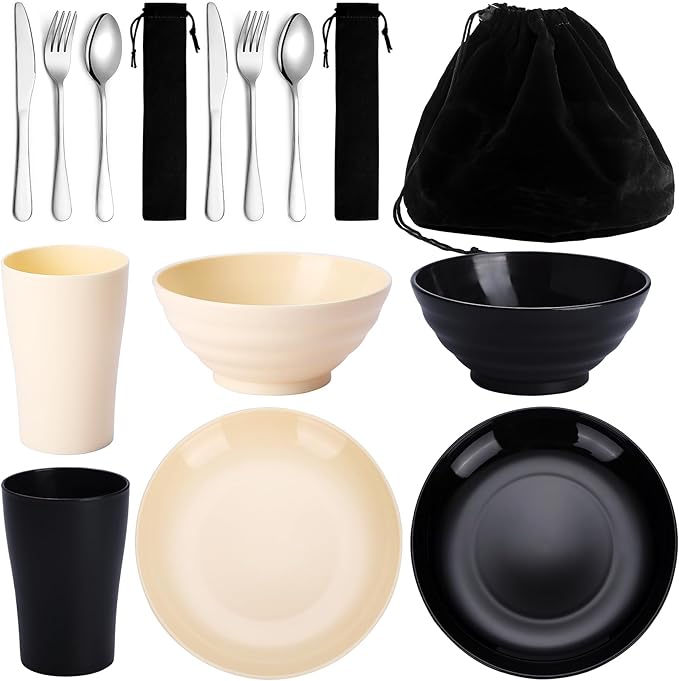 Kyraton Camping Utensils, Camping Mess Kit for Travel, Camping, Picnic, Outdoor, Camping Gear Include Knife, Spoon, Fork Silverware Set, Cup, Bowl, Plate, Camping Essentials for 2