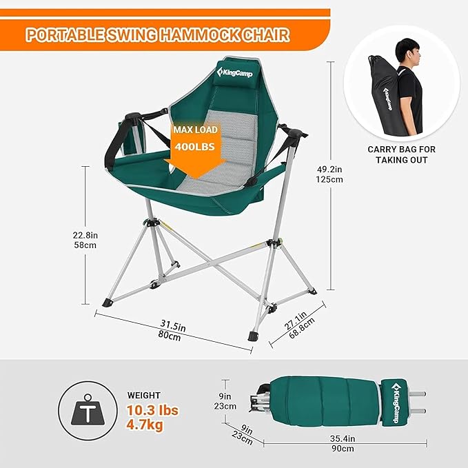 KingCamp Hammock Chair with Footrest, Swinging Portable Folding Camping Chairs for Adults MAX 400lbs Heavy Duty Foldable Oversized Rocker with Cup Holder Pillow for Outdoor Beach Patio Sport Lawn