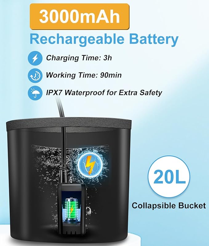 WADEO Portable Shower for Camping, Outdoor Electric Shower Rechargeable Pump with 20L Collapsible Bucket, Camping Shower Head Nozzle for Camping, Hiking, Traveling, Washing