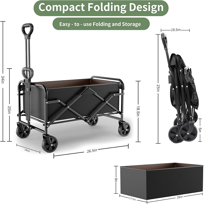 Collapsible Wagon Cart with 5" Removable 360° Swivel Wheels & Handle Adjustable, 220lbs Capacity, Waterproof 600D Oxford Fabric & MDF Base, All-Terrain Portable Utility Cart for Shopping, Garden, Pet