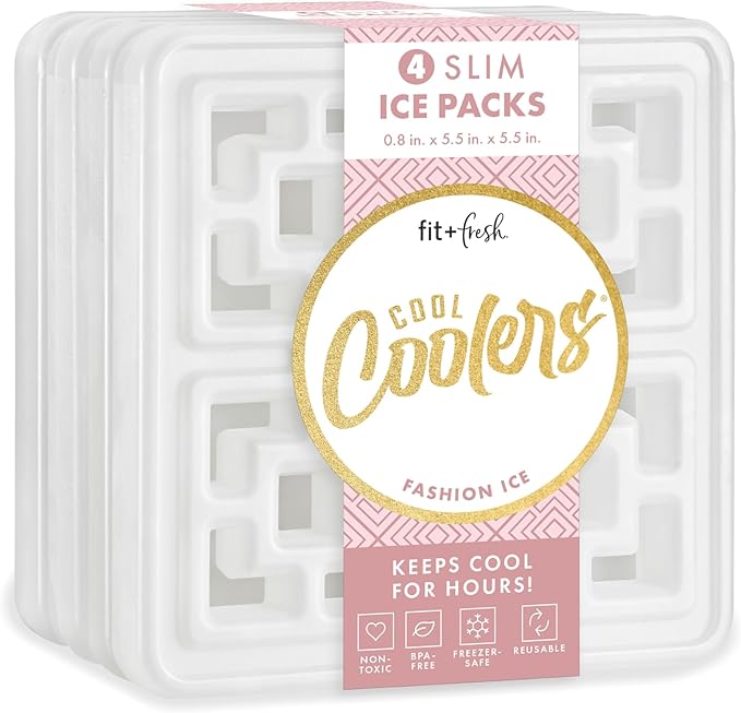 Cool Coolers Fashion Ice by Fit & Fresh, 4 Pack Large Slim Ice Packs, Unique Ice Pack Design for Womens Lunch Bag, Space Saving Reusable Ice Packs for Lunch Boxes, Cooler Ice Packs, Pearl White, 4PK