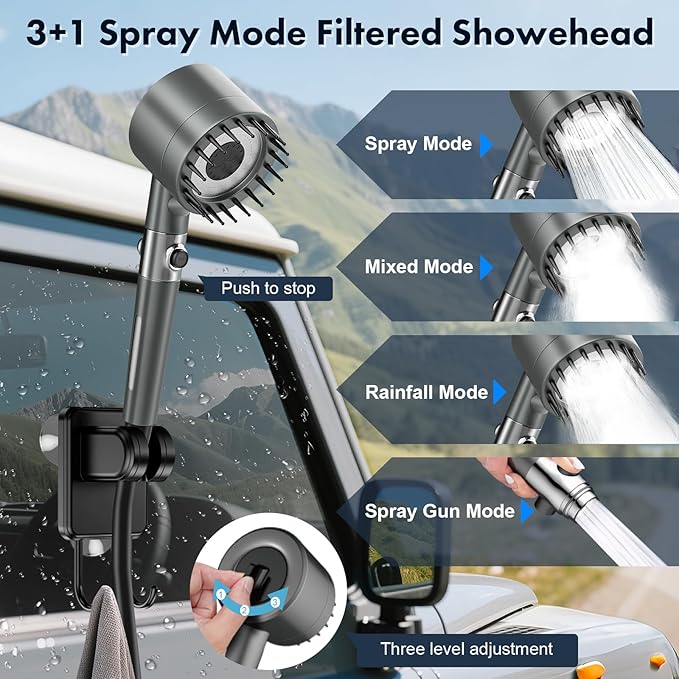 Portable Shower for Camping 6000mAh Rechargeable Shower Pump with Intelligent LED Display & 20L Foldable Bucket 4 Spray Modes Outdoor Shower Head IPX7 Waterproof for Hiking, Travel, Car, Pet, Beach