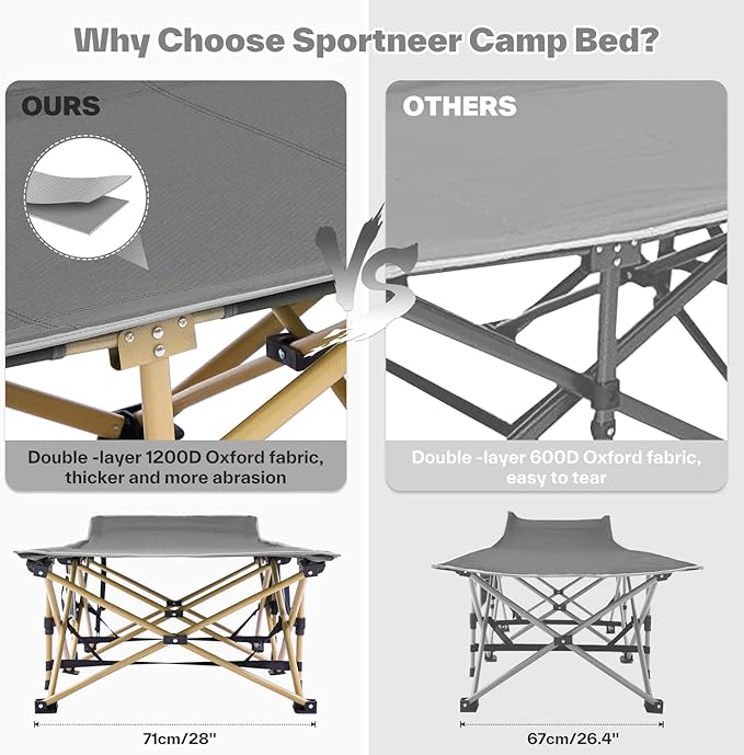 Sportneer Camping Cot: 1200D Double Layer Oxford Foldable Camping Cots for Adults - Heavy Duty Cots for Camping Travel Tent Day Outdoor & Home Guest, Camping Cots with Carry Bag & 2 Side Pockets