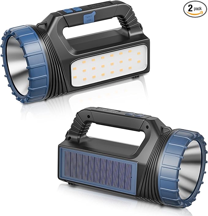 Solar Flashlights, Solar Flashlight for Multi Function 8000 Lumens Led Flashlight with Emergency Strobe Light Emergencies, Led High Lumens, USB C and Large Capacity Battery (2pcs)