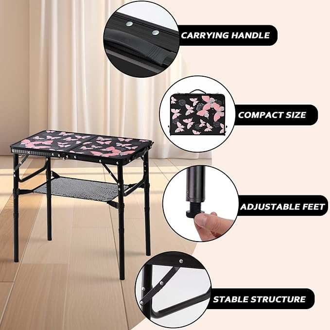 Small Camping Table, Vintage French Butterflies Pattern Folding Table, Adjustable Height, Lightweight & Portable Outdoor Picnic Table with Carry Handle for Patio, Living Room, Travel