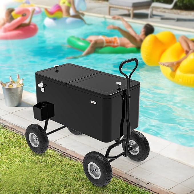 VINGLI 80 Quart Wagon Rolling Cooler Ice Chest, w/Long Handle and 10" Wheels, Portable Beach Patio Party Bar Cold Drink Beverage, Outdoor Park Cart on Wheels