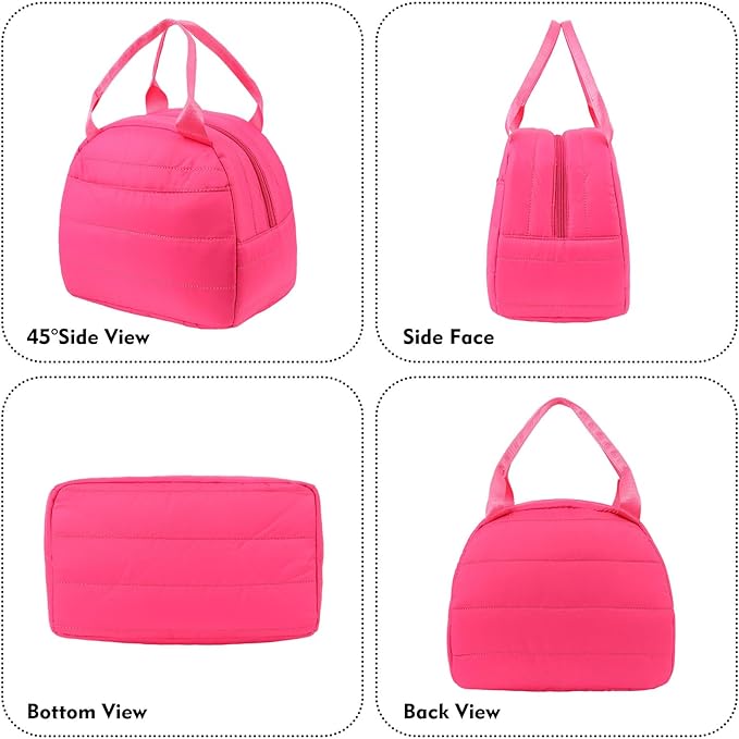 Lunch Bag Lunch Box for Women Men Adult Insulated Cute Small Quilted Puffer Lunchbox Reusable Thermal Lunch Cooler Tote Bag for Work, Picnic or Travel-Pink
