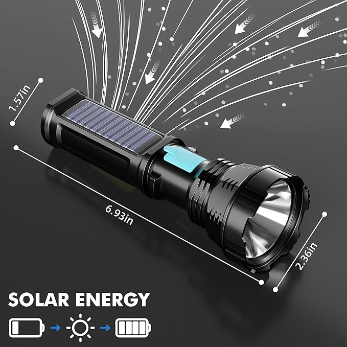 Solar/Rechargeable LED Flashlights, Multi Function Flashlight with 2000 mAh Battery, Emergency Strobe Light, Waterproof, Fast USB Charging, Survival Gear and Supplies for Camping, 4 Pack