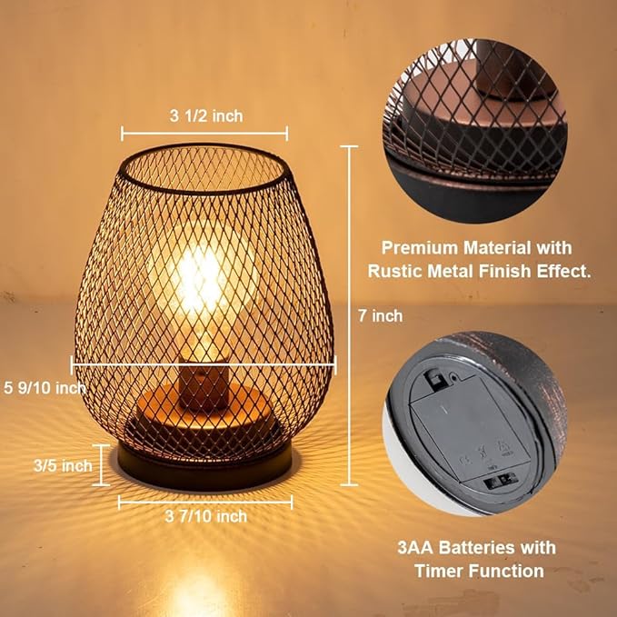 DECORKEY Set of 2 Battery Operated Lamp LED Table Lantern, Brown Metal Cage Cordless Lamps with LED Bulb,Vintage Decorative Outdoor Lantern for Weddings, Parties, Patio, Events for Indoors Shelf Decor