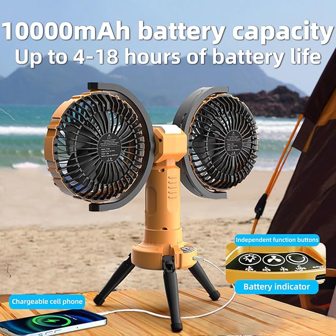 Solar Camping Fan Rechargeable,6000 mAh Battery Powered Automatic Oscillating Tent Fans with 4 Solar & LED Light Panals,Portable Camping Essentials for Canopy,Fishing,Travel,Outdoor,Yellow