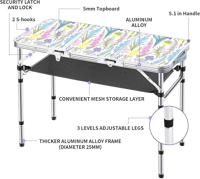 Folding Camping Table 3ft Portable Pinic Table Adjustable Height Small Card Table Aluminum Foldable Lightweight with Carry Handle for Outdoor Indoor Hiking Camp BBQ Beach (Blooming Floral)