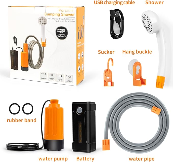 portable outdoor shower, battery driven shower pump, LED lighting, portable shower pump, draws water from a bucket into a stable and gentle shower flow,used for beaches,camping,gardens,hiking,