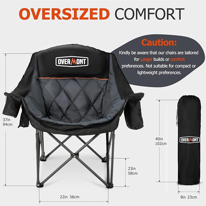 Overmont Oversized XL Camping Chair for Adults - 450lbs Support Heavy-Duty Padded Folding Chair with Side Pocket Cup Holder Cooling Bag for Outdoor Sports Garden Beach Fishing Lawn Black