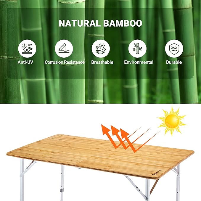 KingCamp Bamboo Folding Table Camping Table with Adjustable Height Aluminum Legs Heavy Duty 176 lbs 2-Folds Portable Camp Tables for Travel, Picnic, Beach, 6 People