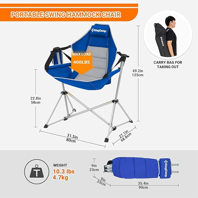 KingCamp Hammock Chair with Footrest, Swinging Portable Folding Camping Chairs for Adults MAX 400lbs Heavy Duty Foldable Oversized Rocker with Cup Holder Pillow for Outdoor Beach Patio Sport Lawn