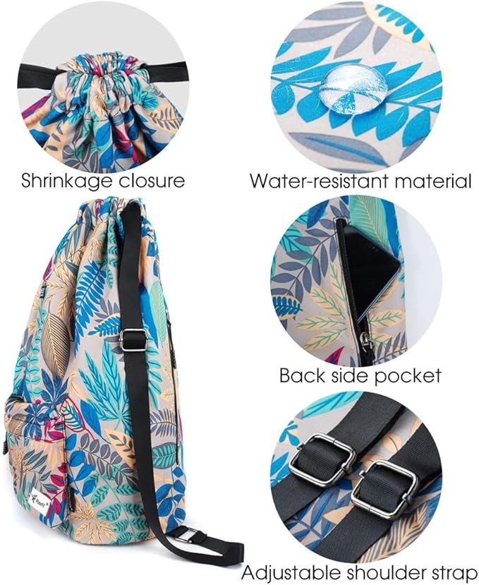 Drawstring Backpack with Mesh Pockets String Gym Bag Sackpack Sandproof Water Resistant Beach Backpack for Men Women