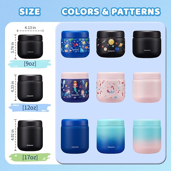 Wide-Mouth Thermo for Hot Food 12OZ - with Insulated Lunch Bag, Cold-12h Hot-8h, Spill-proof BPA-free Stainless Steel Vacuum Soup Box Container for Toddler Kids Boy, Space Food Jar for School Picnic