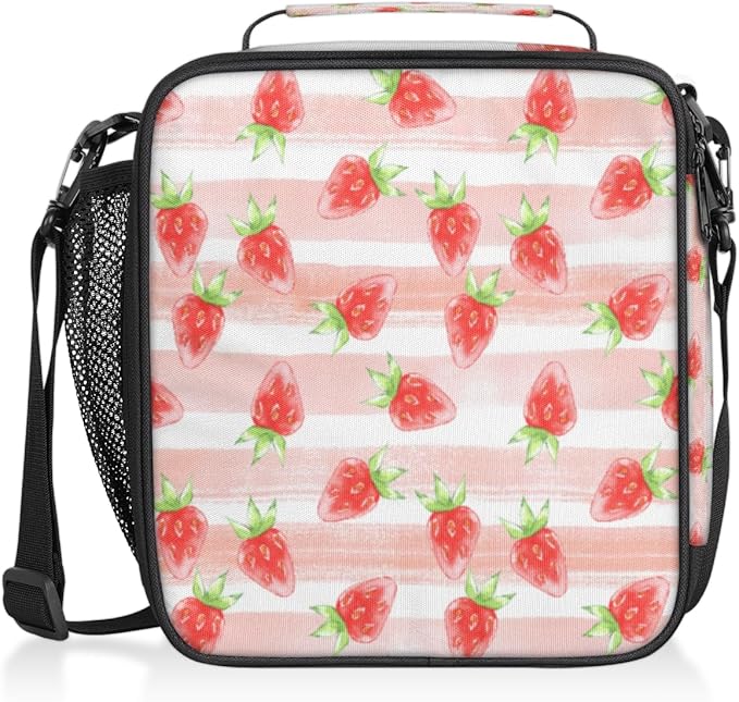 Fruit Strawberry Insulated Lunch Bag Girls,Kids Thermal Meal Cute Pink Stripe Reusable Lunch Box Children Waterproof Back to School Picnic