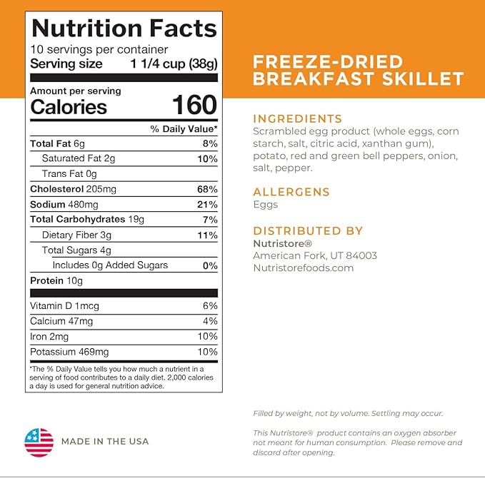 Nutristore | Freeze-Dried Breakfast Skillet | Emergency Survival Bulk Food Storage Meal | Perfect for Everyday Quick Meals and Long-Term Storage | 25 Year Shelf Life