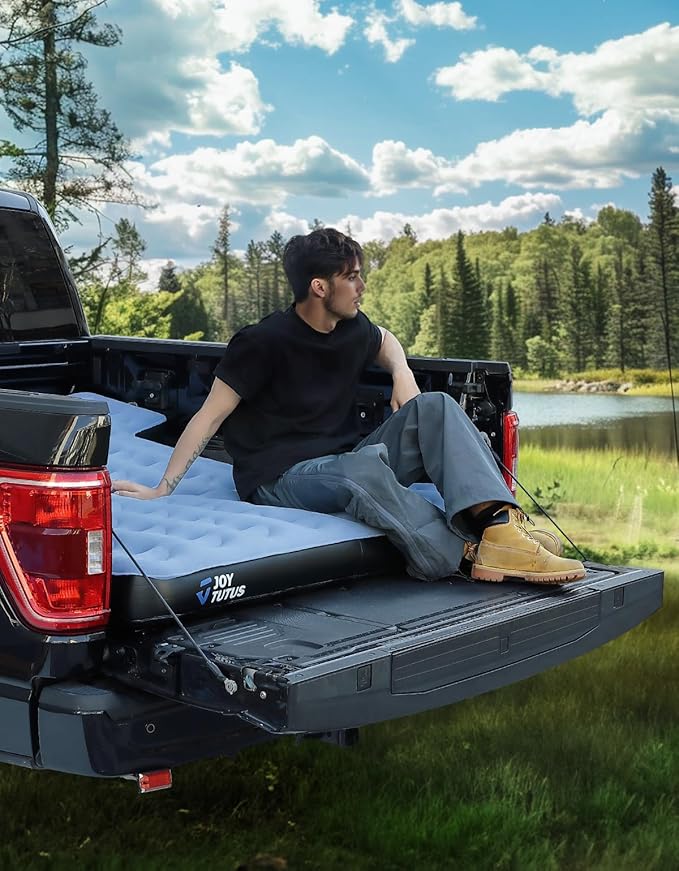 JOYTUTUS Truck Mattress for Camping,Air Bed with Inflatable Pillow for 6.4-6.7Ft,Full-Size Thicken Sleeping Pad with Cup Holder, Blow Up Bed for Car Truck Pickup F150, Grey Blue