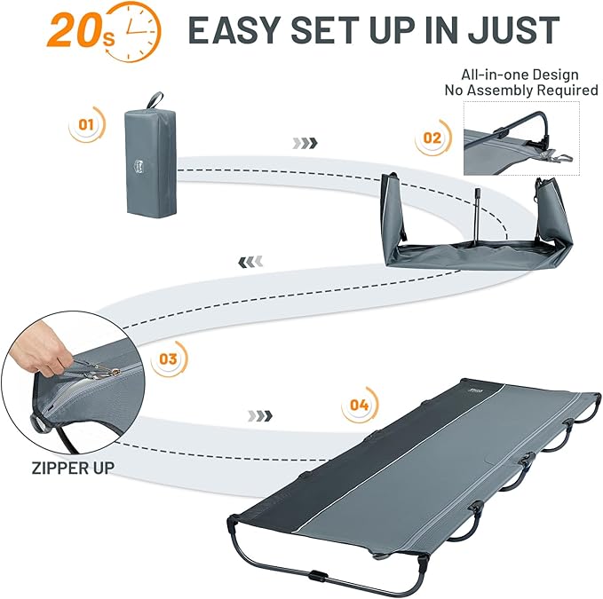 TIMBER RIDGE Lightweight Aluminum Camping Cot, 20-Second Quick Set-Up Folding Cot with Zipper Closure, Portable Carry Bag Included for Camping, Travel and Outdoors, Support up to 225lbs, Grey