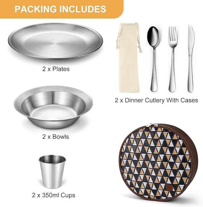 Odoland Camping Complete Messware Kit, Polished Stainless Steel Camp Dinnerware, Camping Cooking Tableware, Cutlery Organizer Utensil with Plates and Bowls Set for Backpacking, Hiking, Picnic