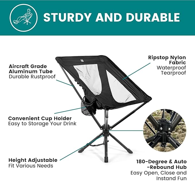 Portable Camping Chair - SwivelCore 180 Swivel & Auto-Return, Small Compact Lightweight Folding Chairs for Adults, Outdoor Backpack Chair for Adventures, Setup in Seconds, Support 300 LBS
