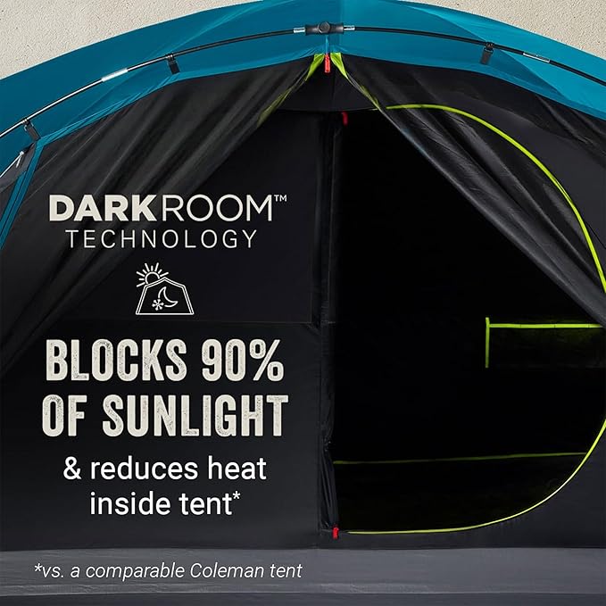 Coleman Carlsbad 4 Person Dark Room Dome Camping Tent with Screen Room, E Ports, Side Windows, and WeatherTec System, Teal Blue/Black