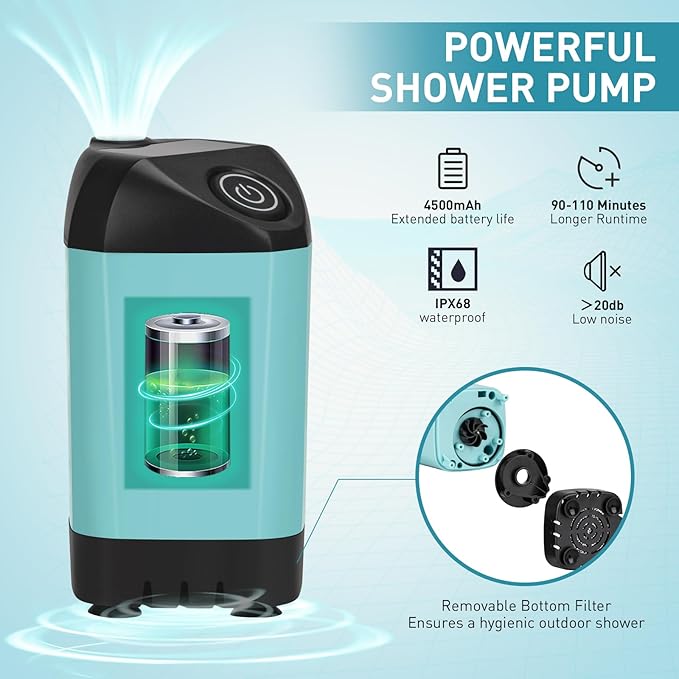 Portable Hot Shower Tent Kit - Immersion Heated 1000W, Rechargeable Pump, Pop-Up Tent for Adults Outdoor, 6.6 Gallon Folding Bucket