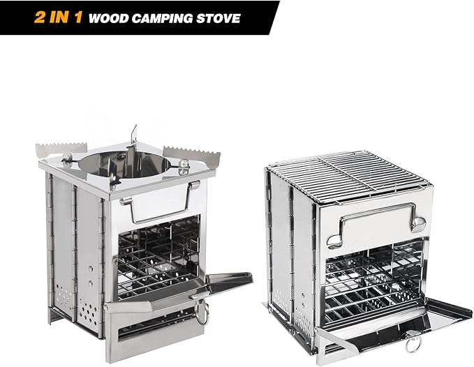 REDCAMP Wood Burning Folding Camp Stove Stainless Steel Grill and Pot Stand, Portable Collapsible Backpacking Stove Survival Rocket Stove for Hiking Outdoor Tent Camping Picnic, Largel with Pot Stand