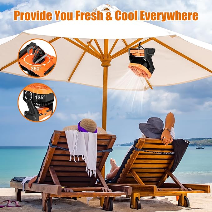 Sugoiti Portable Camping Fan 20000mAh Rechargeable Battery, 4-Speed Quiet Cooling Blower with LED Lantern, 4 Timing, Hanging Hook for Outdoor Picnic Tent Beach Fishing Orange