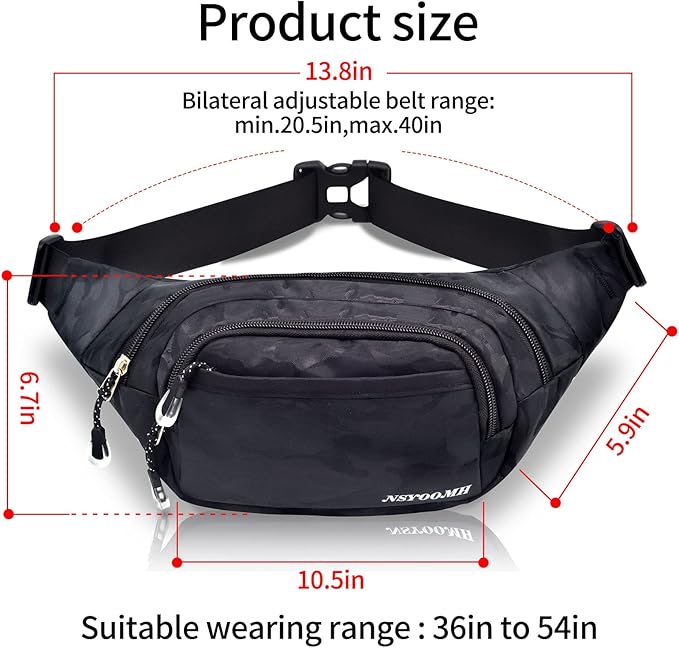 Fanny Pack for Women & Men, 5-Zipper Pockets Water Resistant Practical Waist Bag, for Outdoor Running Cycling Sports Travel Hiking Fishing Fashion Camo Black Belt Bags