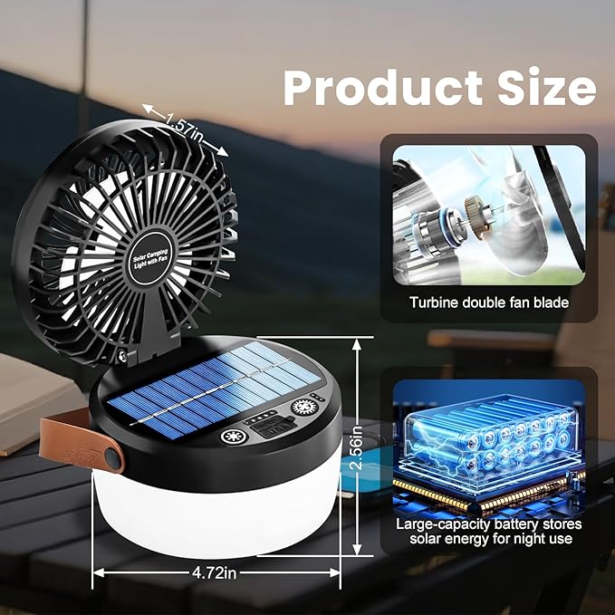 Solar Camping Fan Rechargeable Camping Light, Folding Solar Powered Fan for Outdoors, Portable utdoor Lights with USB Output for Camping Tent, Mountain, Emergency (Black)